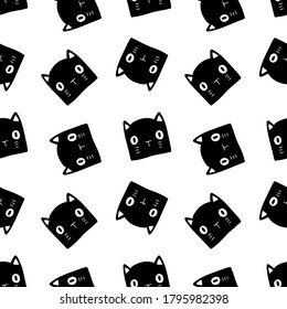Halloween black and white pattern with cat heads on white background. Drawn by hand vector doodle black cats. Good for halloween gloomy decorations.