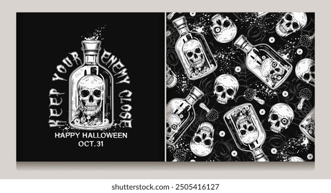 Halloween black and white pattern, label with glass bottle of poison with human skull. Splattered paint, silhouette of spiders, spiderweb behind. Witchy, mystical, surreal illustration. Not AI