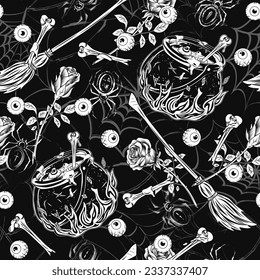 Halloween black and white pattern with witch cauldron with bubbling potion, fire, broken bone, broom, roses, spider, human eyeballs. Silhouette of spiderweb behind.