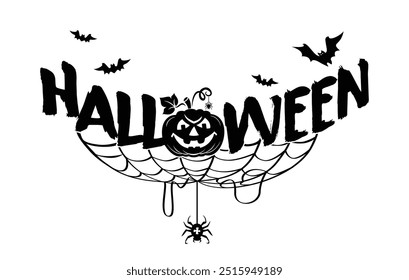 Halloween black and white poster with horror elements.  Cartoon pumpkin, bat, web with spider for decoration greeting card. Vector on transparent background