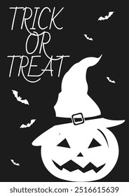 Halloween. Black and white poster for Halloween. Pumpkin in a witch hat with a cut out scary face. Scary atmosphere. Holiday October 31. Template.