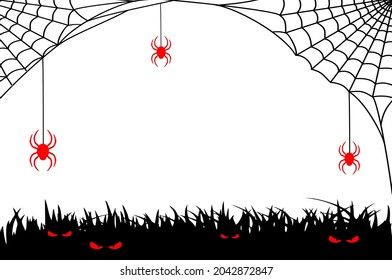 Halloween black, white and red illustration with cobweb, spiders and evil eyes in the grass. Halloween background with copy space