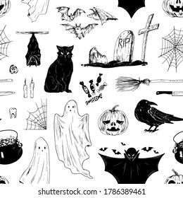 Halloween black and white seamless pattern with all saints day holiday symbols. Scary Helloween endless background for wrapping, print. Flat vector cartoon illustration isolated on white