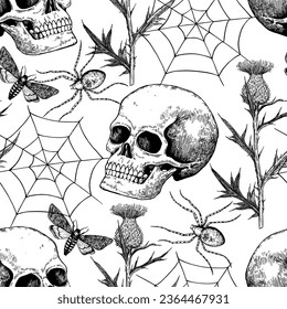 Halloween black and white seamless pattern with realistic human skull, spider web, moths and flowers. Gothic print in retro engraving style.