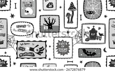Halloween black and white seamless pattern with objects in frames. Monochrome fly agarics, spider, web, ghosts, pumpkin, bat, cemetery, zombie hand, skull. Vector illustration for autumn holidays.