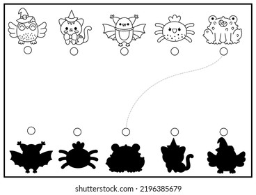 Halloween Black And White Shadow Matching Activity. Autumn Holiday Puzzle With Cute Kawaii Animals. Find Correct Silhouette Printable Worksheet. Trick Or Treat Coloring Page For Kids With Cat, Owl
