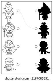 Halloween Black And White Shadow Matching Activity. Autumn Holiday Puzzle With Cute Kawaii Witch, Vampire. Find Correct Silhouette Printable Worksheet. All Saints Day Coloring Page For Kids
