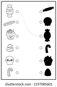 Halloween black and white shadow matching activity. Autumn holiday puzzle with cute kawaii sweets and desserts. Find correct silhouette printable worksheet. Trick or treat coloring page for kids
