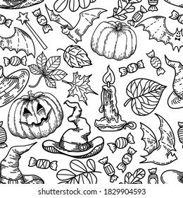 Halloween black and white sketch, set of objects