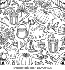 Halloween black and white sketch, set of objects