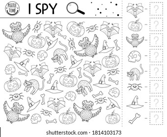 Halloween black and white I spy game for kids. Searching and counting activity for preschool children or coloring page. Funny autumn printable worksheet for kids. Simple spotting puzzle