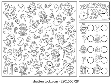 Halloween black and white I spy game for kids. Searching and counting activity with cute kawaii characters. Scary autumn printable worksheet for preschool children. Simple coloring page
