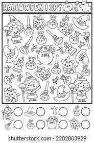 Halloween black and white I spy game for kids. Searching and counting line activity with cute kawaii witch. Scary autumn printable worksheet for preschool children. Simple coloring page
