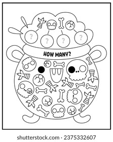 Halloween black and white I spy game for kids. Searching and counting line activity with cute kawaii holiday symbols, cauldron, potion. Scary autumn printable worksheet or coloring page
