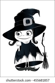 Halloween black and white vector cartoon character. Cute little Witch with broom. This useful to cards, poster, party invitations.