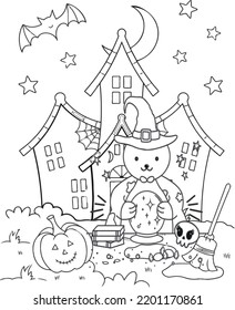 Halloween black and white vector coloring page with bear in magician hat. Halloween coloring book for kids and adult.