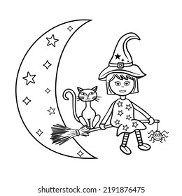 Halloween black and white vector illustration. Funny witch flying on broomstick with a cat and a spider.