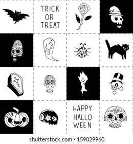 Halloween black and white vector pattern for web page backgrounds, postcards, greeting cards, invitations, pattern fills, surface textures.