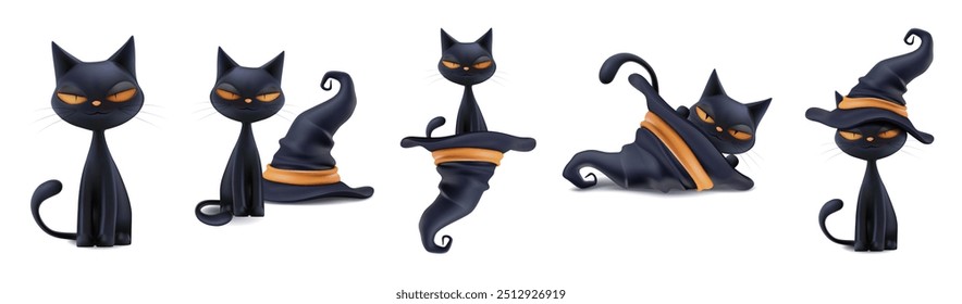 Halloween black witch cat in wizard hat sticker set. 3d render of cute pet character, flying smiling, happy chibi, cartoon animal in cone cap. Funny kitty magician sorcery superstition emoji symbol