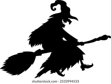 Halloween Black Witch Silhouette Flying On A Broom. Vector Hand Drawn Illustration Isolated On Transparent Background