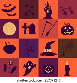 Halloween black  and yellow icons set. Bright squares. Halloween element pumpkin, ghost, moon,  bat and other