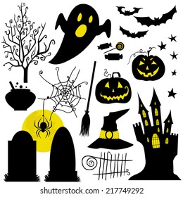 Halloween black  and yellow icons set. White backdrop. Halloween element pumpkin,ghost and bat and other