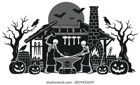 Halloween blacksmith shop with skeletons forging metal on an anvil, spooky house, bats, ravens, bare trees, and jackolanterns, vector illustration