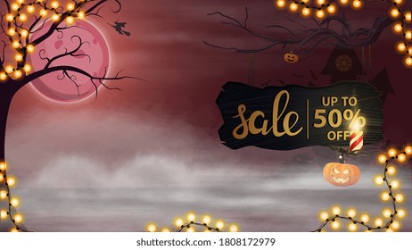 Halloween blank template with wooden board with offer and copy space for your arts. Halloween layout with Halloween night landscape