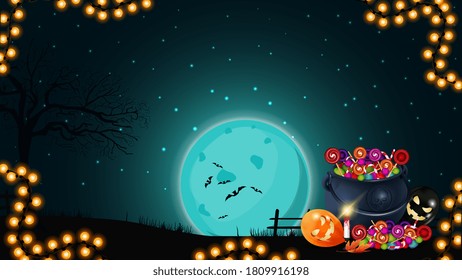 Halloween blank template for your arts with copy space, Halloween night landscape on background, with pot of sweets and garland frame