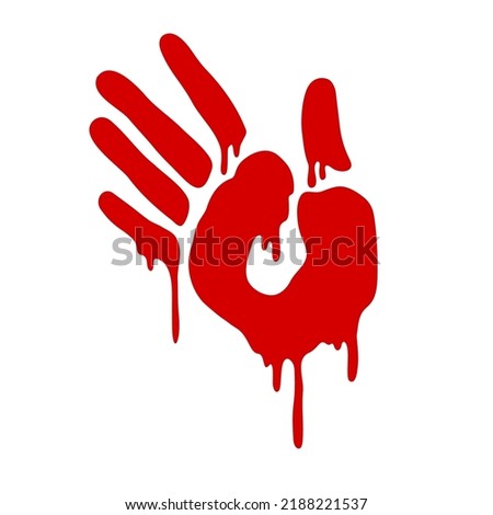 Halloween bleeding hand. Red paint ink splatter. Murder scene. Vector illustration isolated on white background