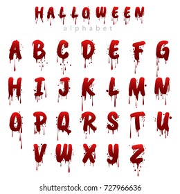 Halloween bloody alphabet isolated on white background. Horror scary drip blood font vector illustration