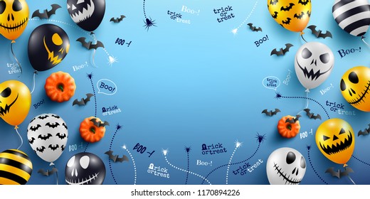 Halloween Blue Background with Halloween Ghost Balloons.Scary air balloons.Website spooky,Background or banner Halloween template.Vector illustration EPS10