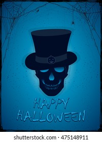 Halloween blue background with skull in the hat, black spiders and grunge elements, illustration.