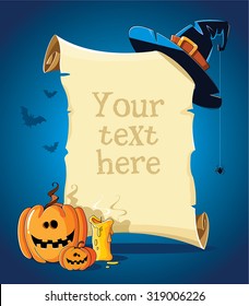 Halloween blue banner with empty paper scroll 