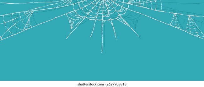 Halloween Blue Banner with Minimal Spider Web Frame in Hand Drawn Style. Doodle arachnid web perfect for cards, party invitations, web