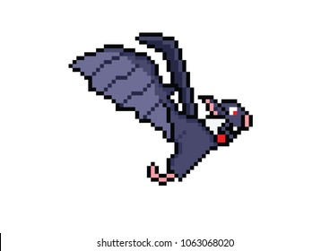 Halloween blue creature in Pixel Art 8-bit video game design, vampire in bat form. Game Character, smiling and flying with formal costume, tuxedo and ribbon.