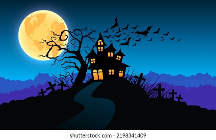 Halloween blue dark night with flying bats full moon, hounted house and cemetery. vector illustration.