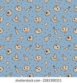 Halloween blue festive seamless pattern  Endless background and pumpkins  hats  skulls  spiders  bones  candles   potions 