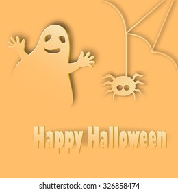 Halloween blue greeting card.   Halloween vector card or background with smiling ghost and spider