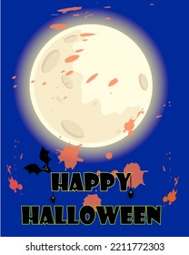 Fondo de luna azul de Halloween con murciélago, arañas. Ilustración vectorial.