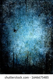 Halloween blue navy gray grunge background with silhouettes of spider webs and spiders on dark spooky night sky. Halloween, horror concept. Space for text. Vector.