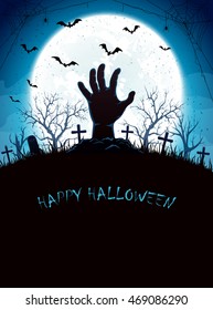 Halloween blue night background with full Moon, bats and a hand in the cemetery, illustration.
