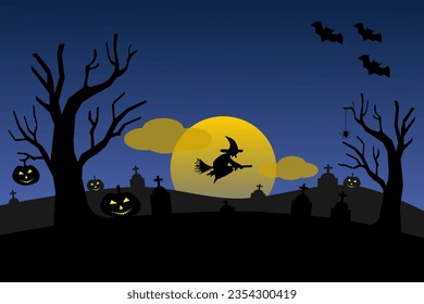 Halloween blue night background, pumpkins, tombstone, witch, and bats. Vector illustration.