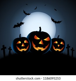 Halloween blue night poster with grinning pumpkins