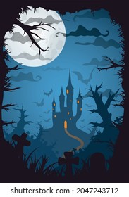 Halloween blue poster castle at night with full moon vertical a3, a4, a5 format size. Vector background