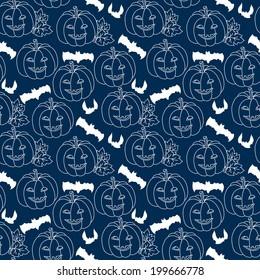 Halloween blue seamless pattern with pumpkins and bats