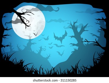 Halloween blue spooky a4 frame border with moon, death trees and bats. Vector background with place for text