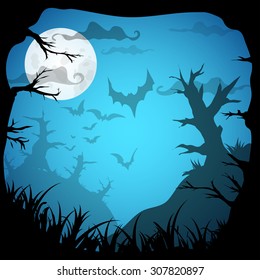 Halloween blue spooky frame border with moon, death trees and bats. Vector background with place for text