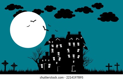 Halloween blue wallpaper background illustration design. horrific house illustration design