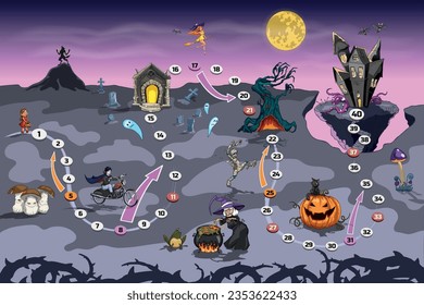 Halloween board game. Cartoon puzzle with witch, vampire amd mummy. Children maze with spooky characters. Funny adventure in isometric view. Vector illustration